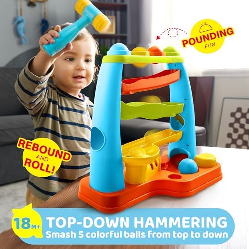 Toddler stacking track toy with colorful balls placed inside top slots for early development
