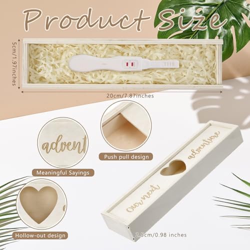 Wooden pregnancy reveal box open with test stick inside
