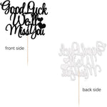 Close-up of handmade black glitter lettering on farewell cake supply