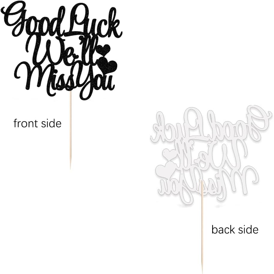 Close-up of handmade black glitter lettering on farewell cake supply