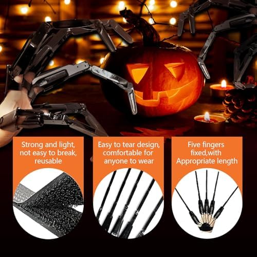 Full set of one pair of black Halloween articulated hand props laid flat.