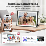 Electronic smart photo frame mounted on a living room wall