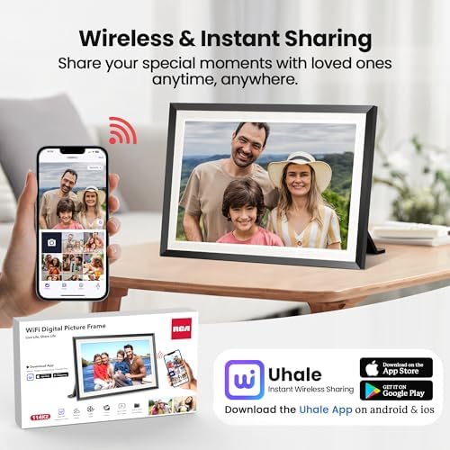 Electronic smart photo frame mounted on a living room wall