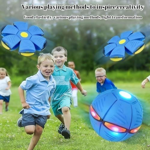 Parent and child playing catch with the blue transforming ball outdoors