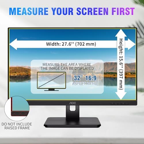 Premium 32 inch widescreen desktop privacy filter demonstrating clear adhesive sticker attachment method