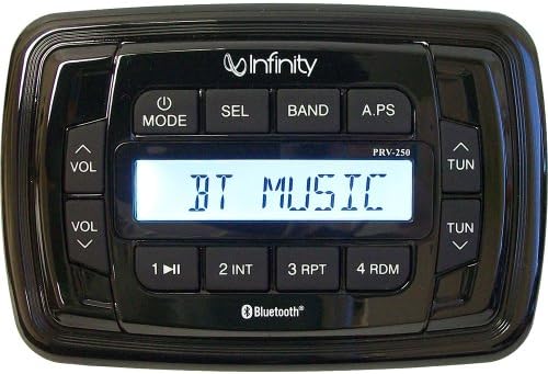 Side angle view of the heavy duty aluminum chassis and rear inputs of the Infinity marine multimedia player.