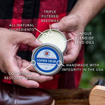 All natural leather cream jar showing back label directions and ingredients list