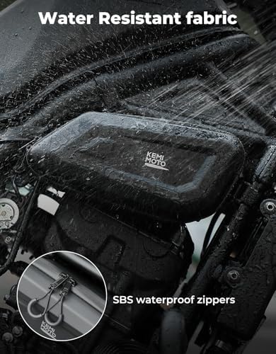 Open view of the KEMIMOTO motorcycle saddlebag revealing the orange waterproof lining and internal mesh organizer pocket.