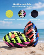 Close up of the double tuck laces and anti slip textured surface on the water football.