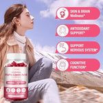Close up view of soft red pectin based oakevlp liposomal alpha lipoic acid chewable gummies