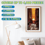 Two hundred milliliter bottle of adhesive showcased alongside a framed finished puzzle on a display table