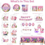 Detailed view of pink axolotl themed party plates and napkins