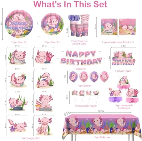 Detailed view of pink axolotl themed party plates and napkins