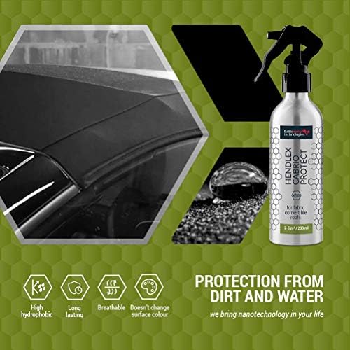 Hendlex convertible roof protectant spray applied on a vinyl ragtop for ultimate UV and rain protection.