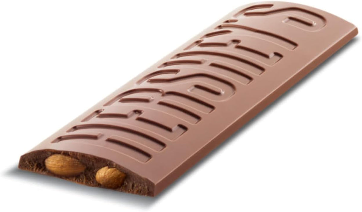 Gluten free Hershey's milk chocolate bar with whole crunchy almonds ingredient view.