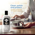 Tarni-Shield anti tarnish lotion being applied to a dull silver spoon with a microfiber cleaning cloth.