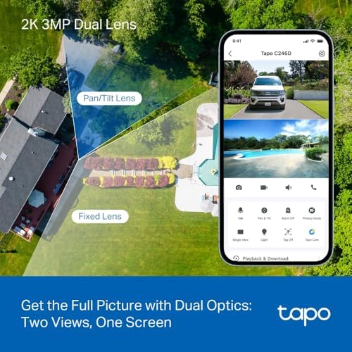 Tapo HybridCam Duo smart home surveillance system mounted on an outdoor wall during rain