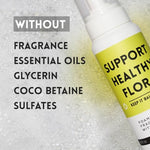 Close-up of the prebiotic ingredients list on the Zero Taboos intimate cleanser bottle.