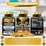 Tenmido natural bee derivatives capsule supplement bottle highlighting core health benefits.