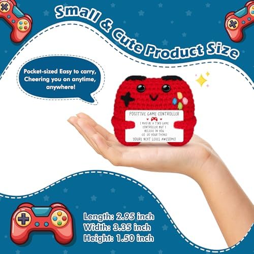 Red handmade amigurumi game controller doll close up on stitching details