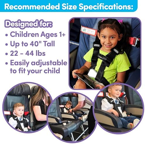 Toddler sitting in airplane seat using Cares harness