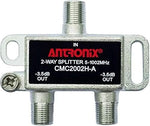 Antronix two way coaxial splitter showing premium nickel plated housing and technical specifications