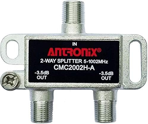 Antronix two way coaxial splitter showing premium nickel plated housing and technical specifications