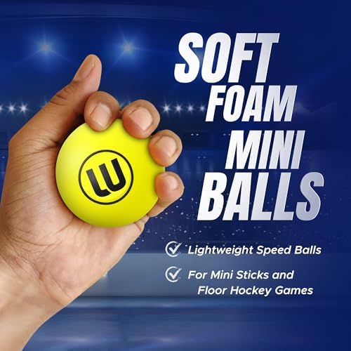 Yellow fifty-millimeter mini stick hockey balls with mesh drawstring bag
