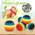 Rainflow knitted kick balls showing vibrant striped patterns