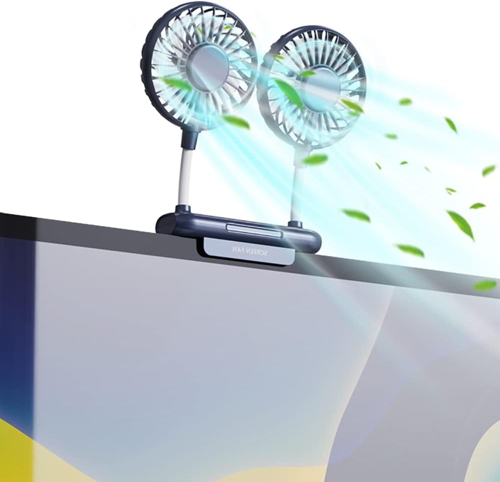 THRRLY monitor clip on fan front view mounted on a desktop computer screen.