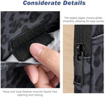 Dadanism leopard print sleeve being slid into a backpack for travel
