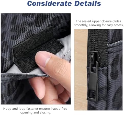 Dadanism leopard print sleeve being slid into a backpack for travel