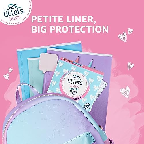 Mega pack of 64 Lil-Lets Teens liners for light flow and daily freshness.