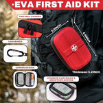 Compact Rhino Rescue first aid kit being clipped to a hiking backpack