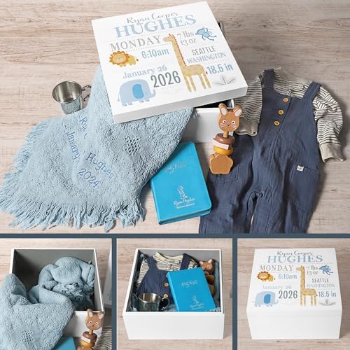 Personalized baby memento box for storing hospital bracelets and clothes