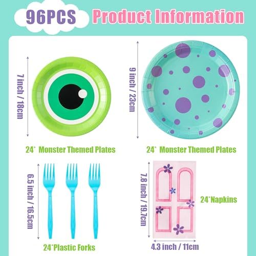 Monster themed paper plates and napkins for party table