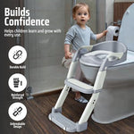 Zamno adjustable toddler toilet seat topper displaying the white and gray non-slip step steps.