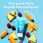 Back label of Hello Smiling Shark toothpaste showing fluoride free ingredients