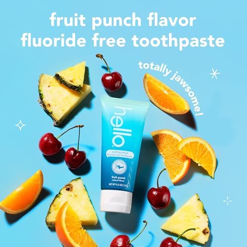 Back label of Hello Smiling Shark toothpaste showing fluoride free ingredients