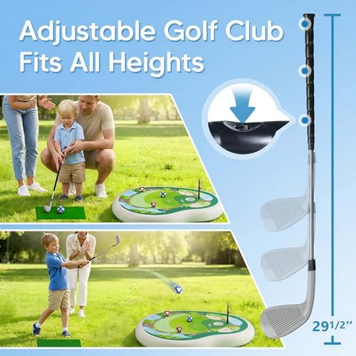 Funscape floating golf game setup in a backyard swimming pool