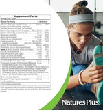 Authentic imported NaturesPlus Hema-Plex chelated iron supplement bottle displaying dosage usage directions and safety warnings.