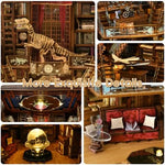 Side view of the miniature private library dollhouse showing premium wood craftsmanship