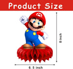 Assembled Mario themed party table decor on display