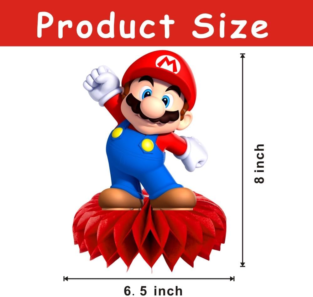 Assembled Mario themed party table decor on display