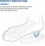 Benayo self adhesive heel pads being placed inside a shoe to demonstrate universal fit and usability.
