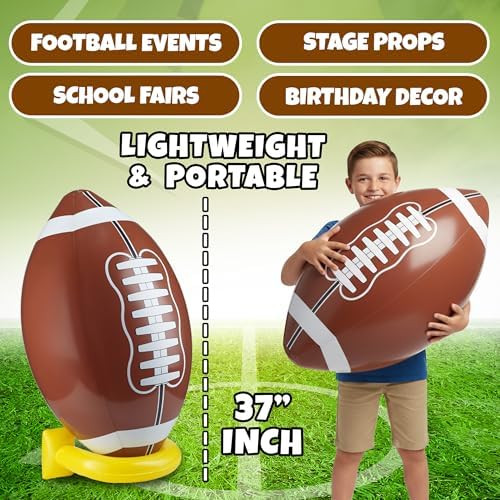Large 36 inch brown inflatable football centerpiece being used as a fun photo prop.