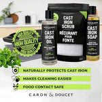Pouring Caron And Doucet coconut oil seasoning onto a seasoned black cast iron pan