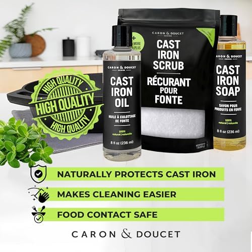 Pouring Caron And Doucet coconut oil seasoning onto a seasoned black cast iron pan