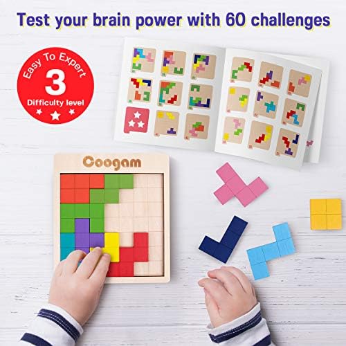Coogam 3D Russian building toy pieces spread out next to the challenge booklet on a white background.