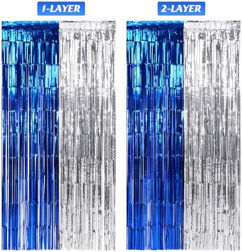 Shining blue and silver metallic streamers background close up view